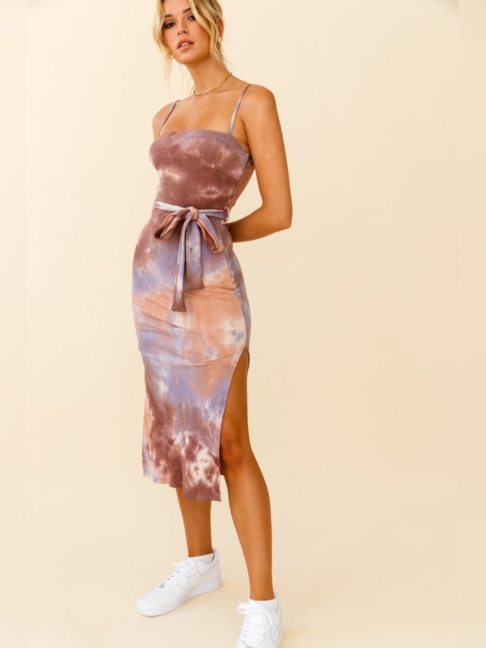 Here Comes The Sun Ribbed Spaghetti Strap MIDI Dress